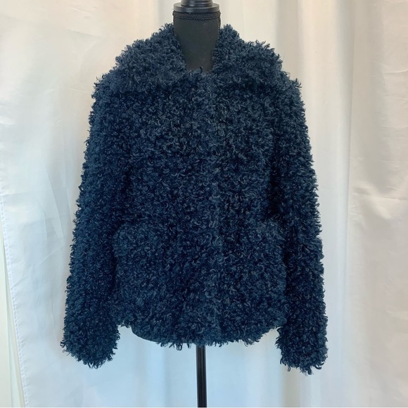 Zara navy blue faux shearling fur teddy jacket coat Sz S - Picture 5 of 13